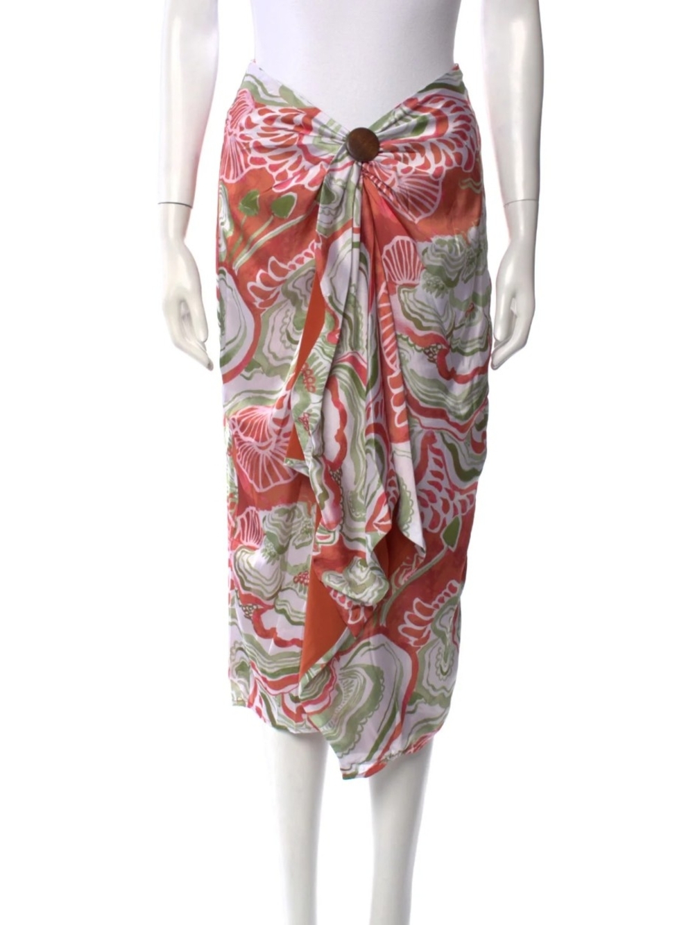 Andrea Iyamah Coral and Green Printed Sarong with Button Detail